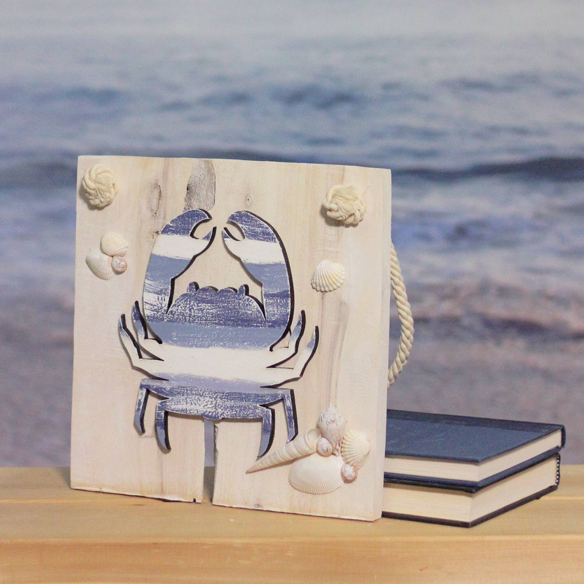 10" Blue & White Striped Hanging Nautical Crab Plaque with Sea Shells Wall Accent